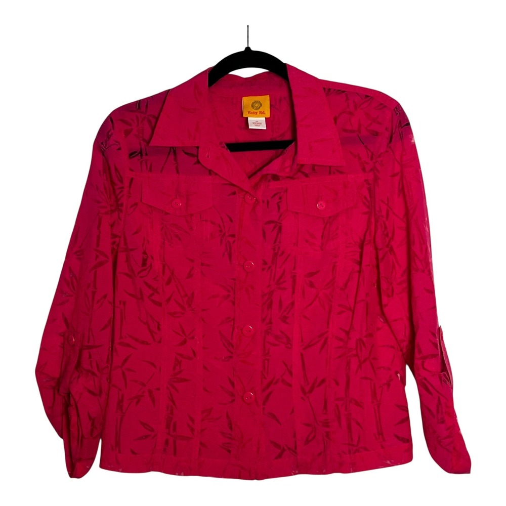 Ruby Rd‎ Womens Pink Bamboo Leaf Burnout Button Up Roll Tab Shirt Size 10